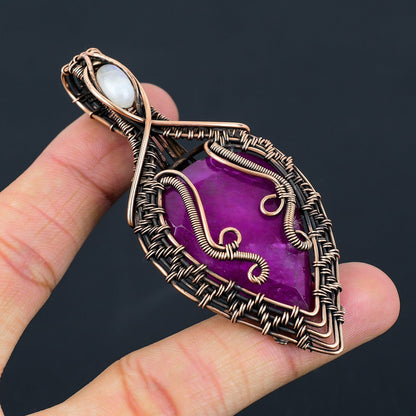 Red Ruby & White Moonstone Copper Gemstone Pendant