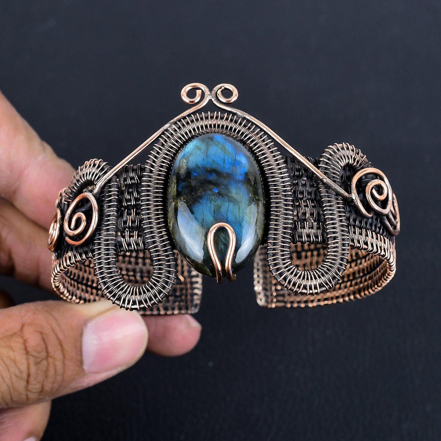 Blue-Green Labradorite Gemstone Copper Cuff