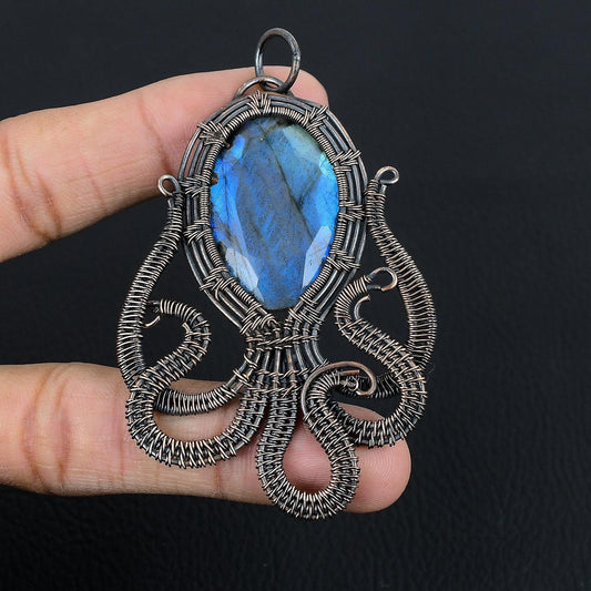 Blue Labradorite Octopus Gemstone Pendant