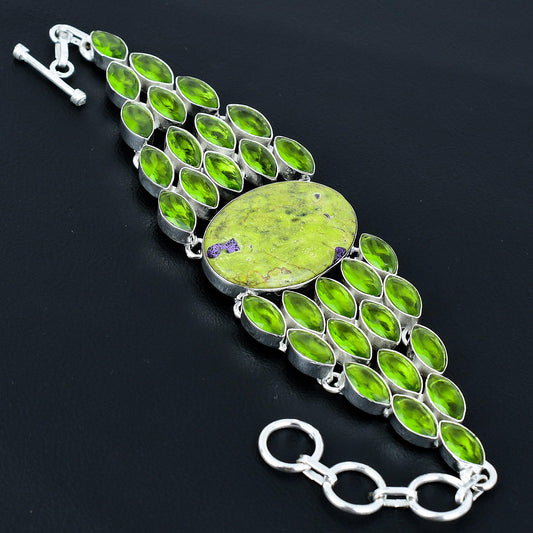 Purple Stichtite & Green Peridot Gemstone Bracelet