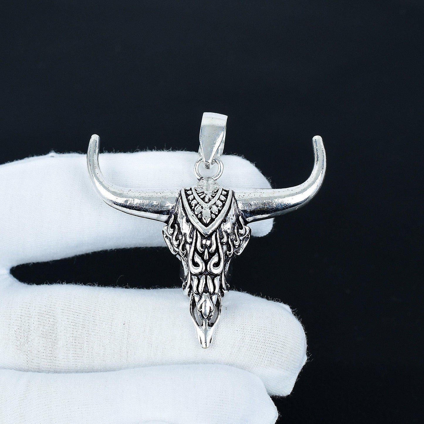 Silver Buffalo Skull Gemstone Pendant