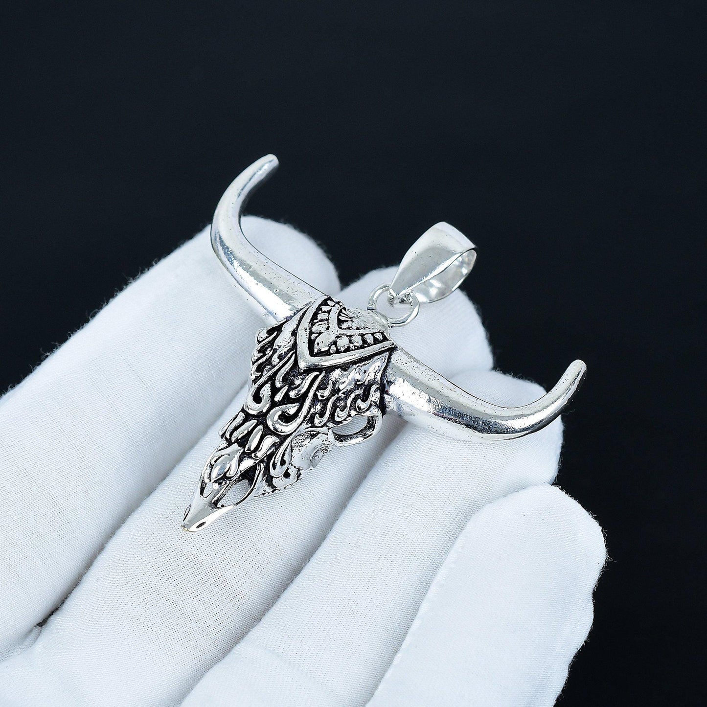 Silver Buffalo Skull Gemstone Pendant
