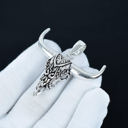 Silver Buffalo Skull Gemstone Pendant