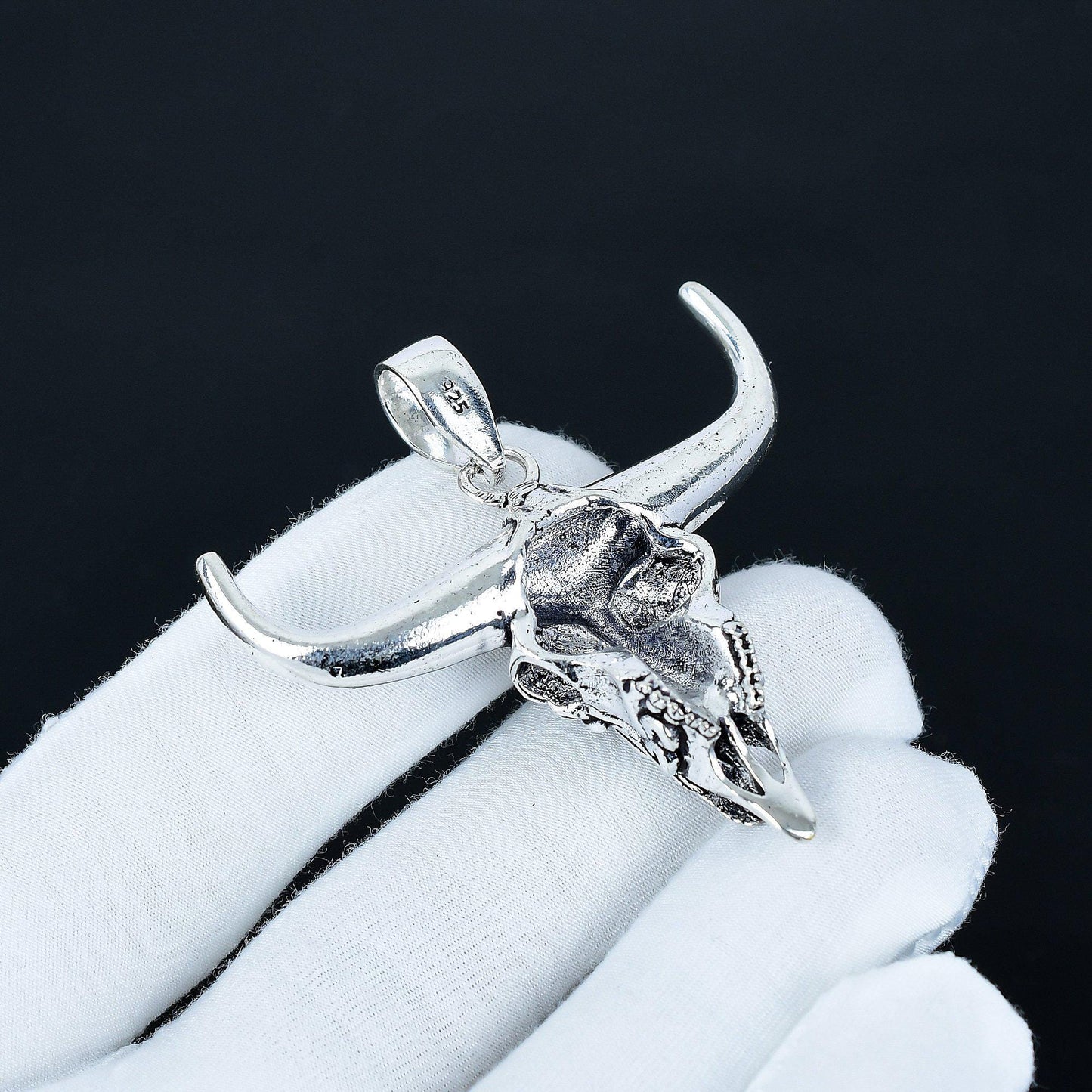 Silver Buffalo Skull Gemstone Pendant