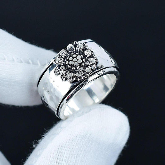 Silver Flower Gemstone Spinner Ring