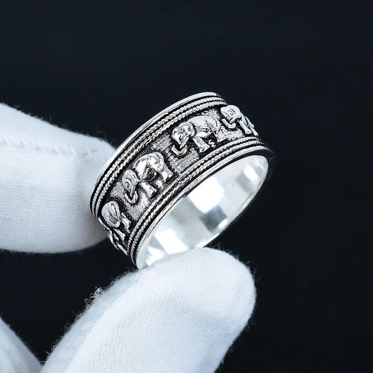 Silver Elephant Gemstone Spinner Ring