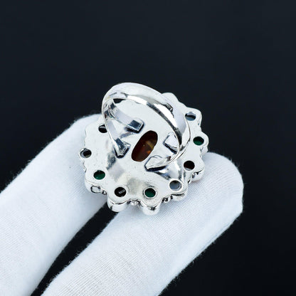 Amber, Green Onyx & Sunstone Sterling Silver Ring