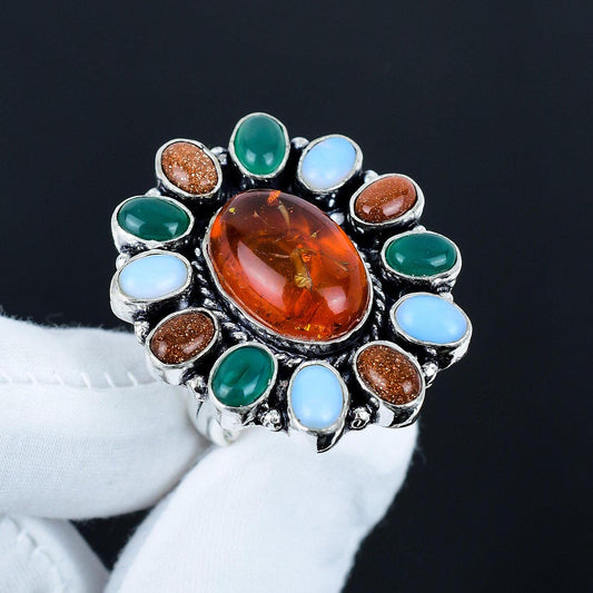 Amber, Green Onyx & Sunstone Sterling Silver Ring