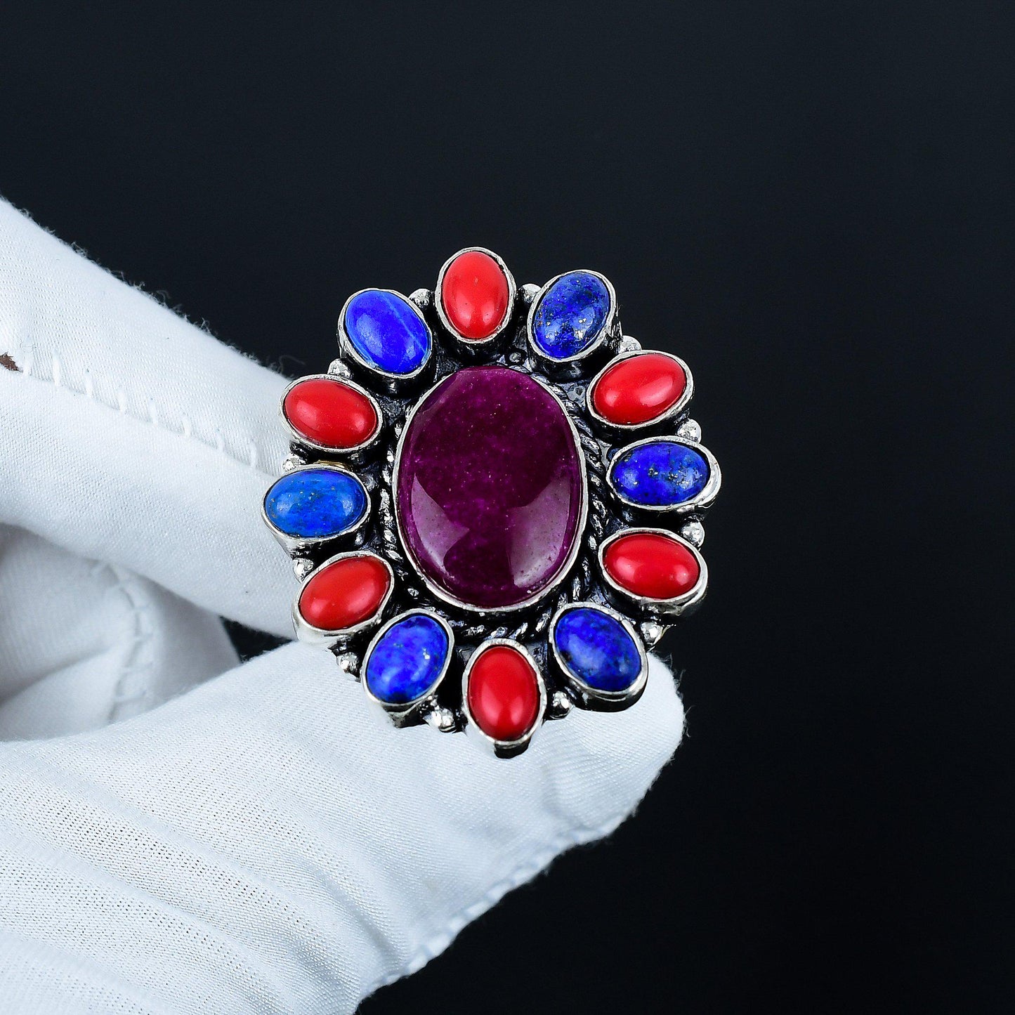 Red Ruby Coral & Blue Lapis Gemstone Ring