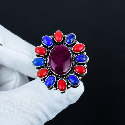 Red Ruby Coral & Blue Lapis Gemstone Ring