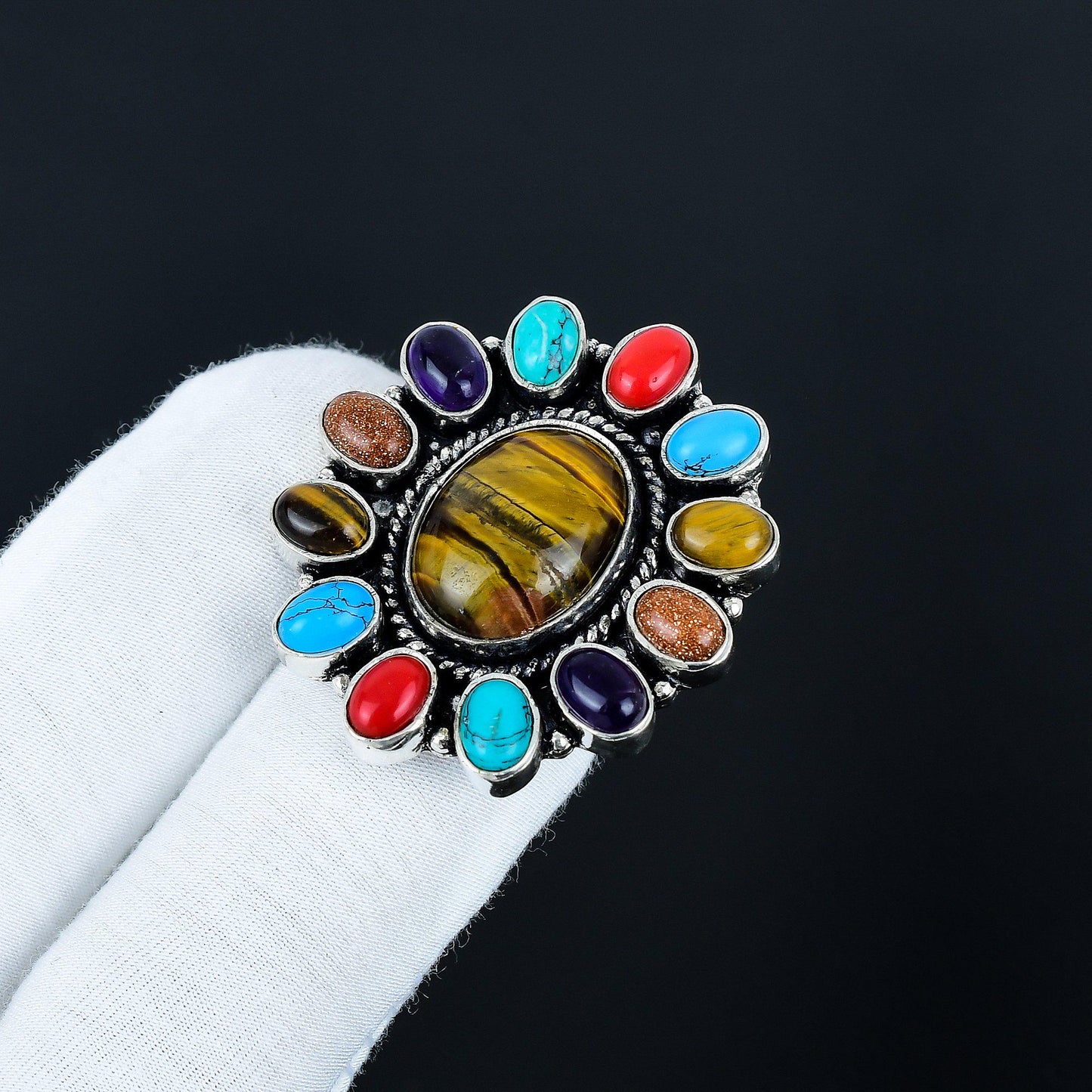 Brown Tiger Eye and Red Coral Gemstone Ring
