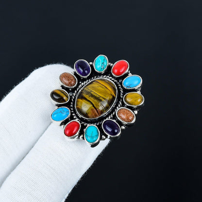 Brown Tiger Eye and Red Coral Gemstone Ring