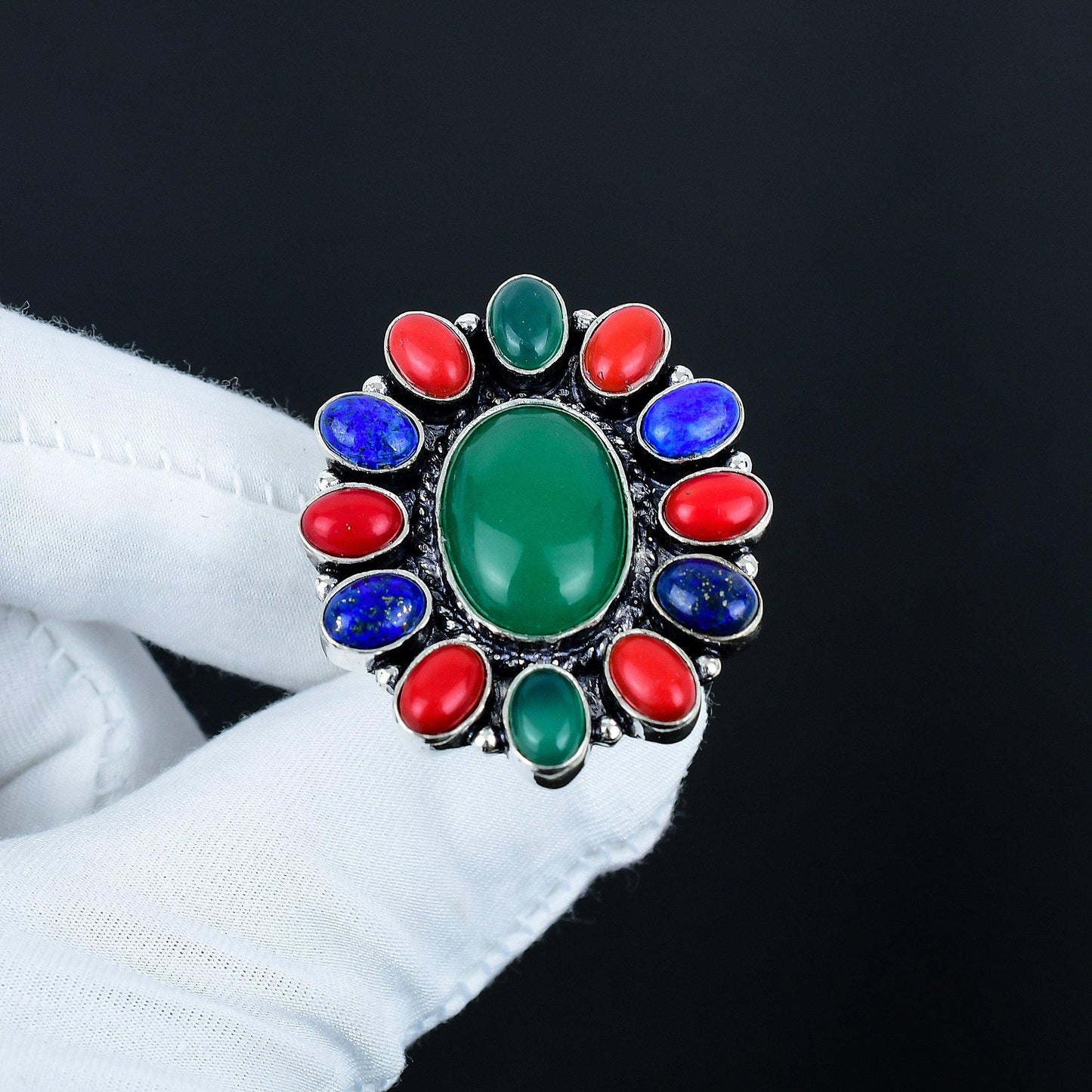 Green Onyx Red Coral & Lapis Lazuli Gemstone Ring