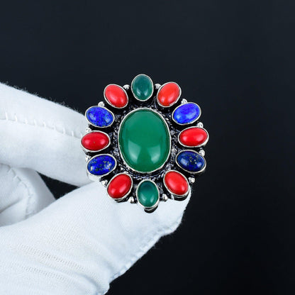 Green Onyx Red Coral & Lapis Lazuli Gemstone Ring