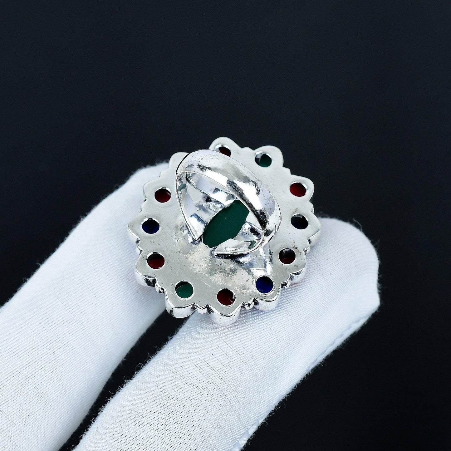 Green Onyx Red Coral & Lapis Lazuli Gemstone Ring
