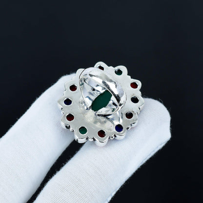 Green Onyx Red Coral & Lapis Lazuli Gemstone Ring