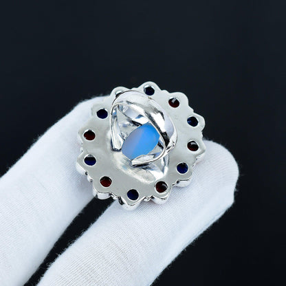 White Opal, Red Coral & Blue Lapis Gemstone Ring