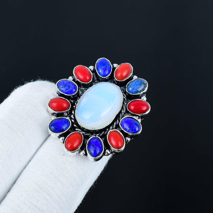 White Opal, Red Coral & Blue Lapis Gemstone Ring