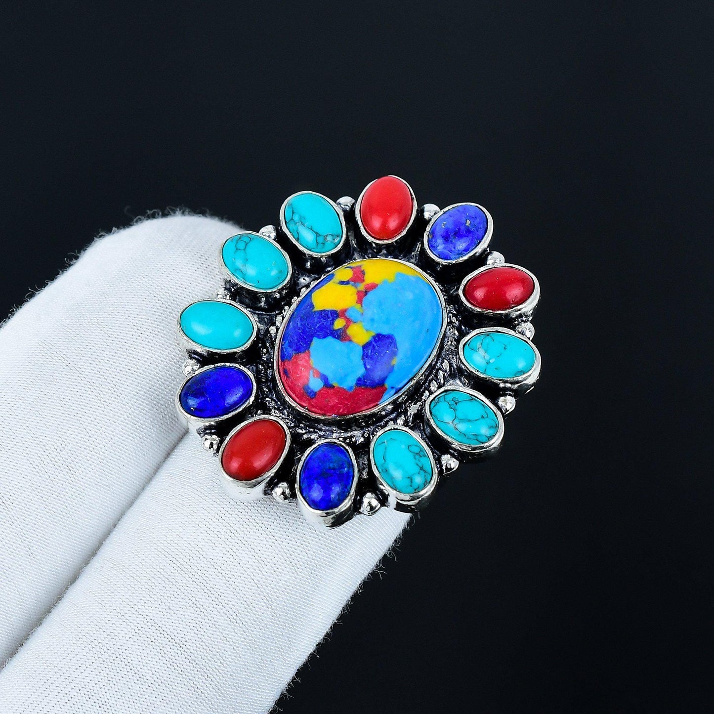 Red and Blue Mosaic Jasper Gemstone Ring
