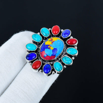 Red and Blue Mosaic Jasper Gemstone Ring