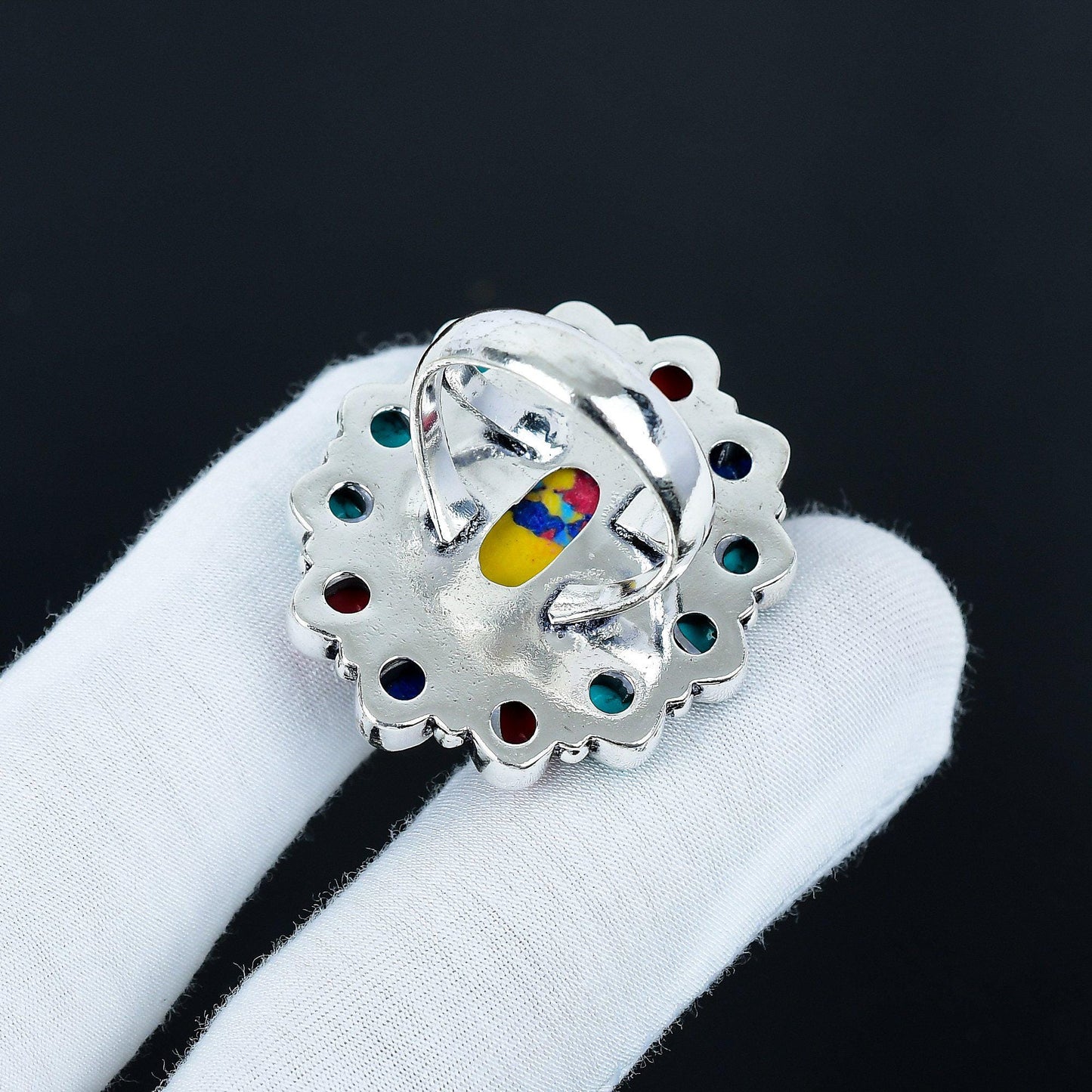 Red and Blue Mosaic Jasper Gemstone Ring