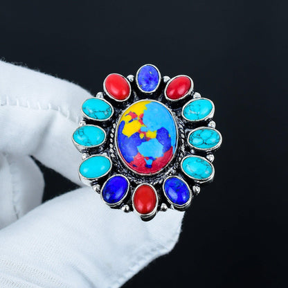 Red and Blue Mosaic Jasper Gemstone Ring