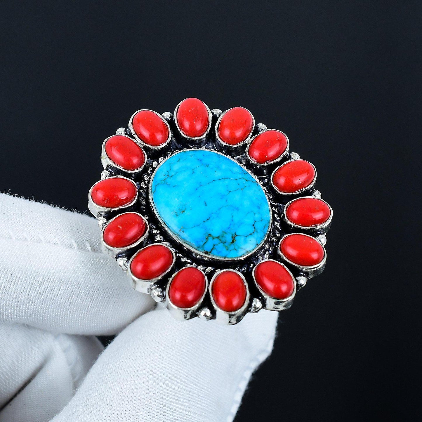 Turquoise & Red Coral Gemstone Ring