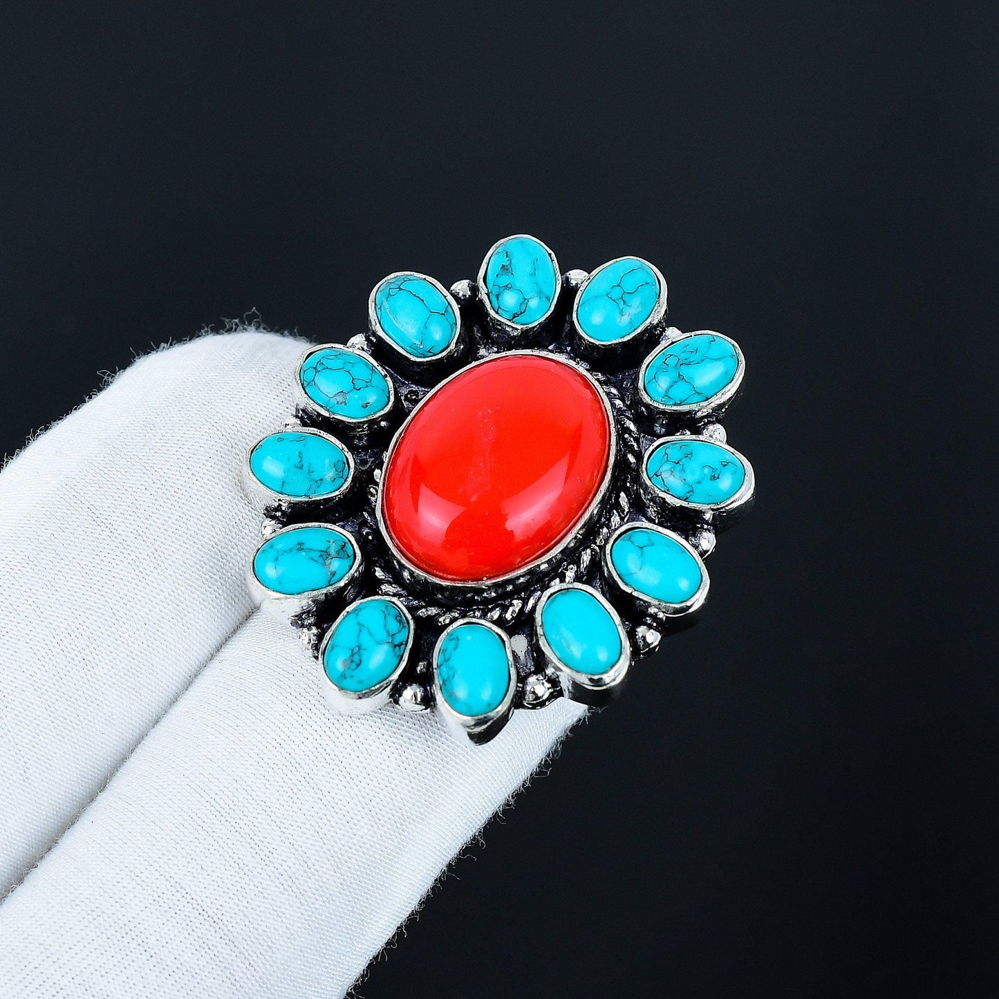 Red Coral and Turquoise Gemstone Ring