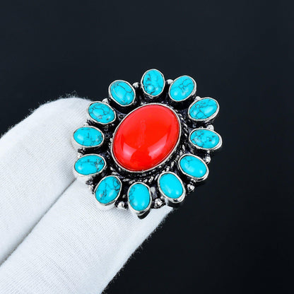 Red Coral and Turquoise Gemstone Ring