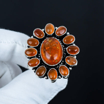 Golden Baltic Amber & Red Carnelian Gemstone Ring
