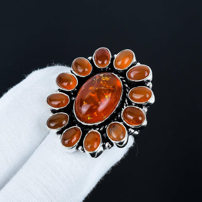 Golden Baltic Amber & Red Carnelian Gemstone Ring