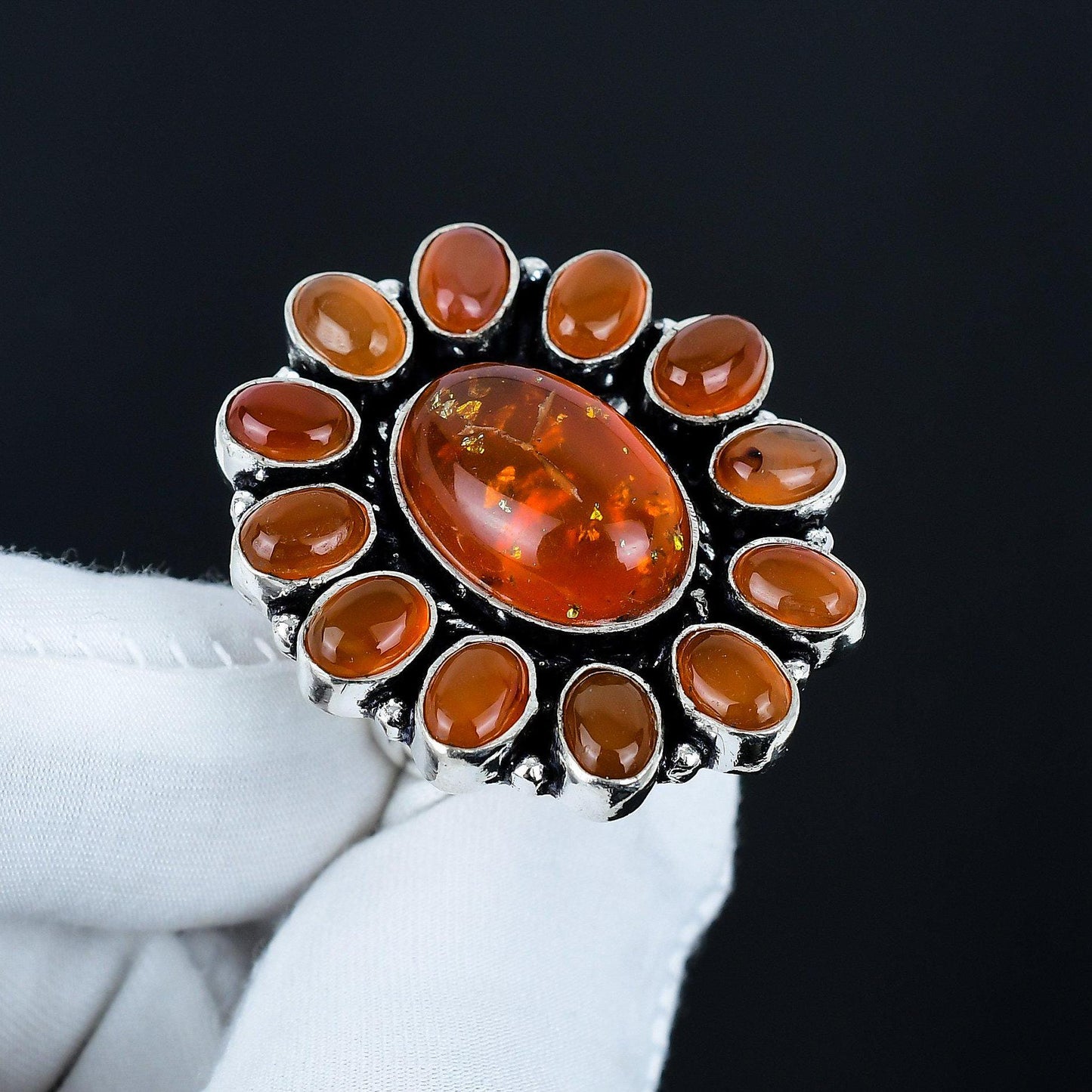 Golden Baltic Amber & Red Carnelian Gemstone Ring