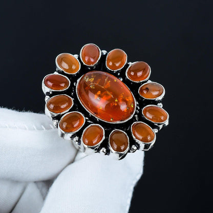 Golden Baltic Amber & Red Carnelian Gemstone Ring