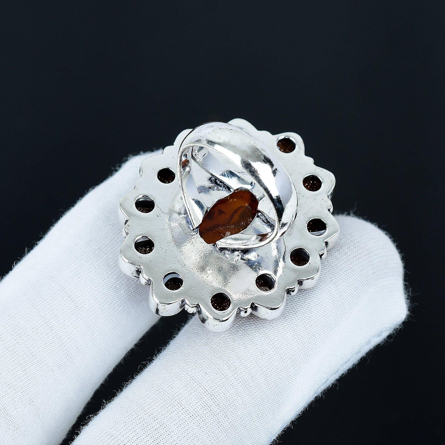 Orange Baltic Amber & Sunstone Sterling Silver Ring