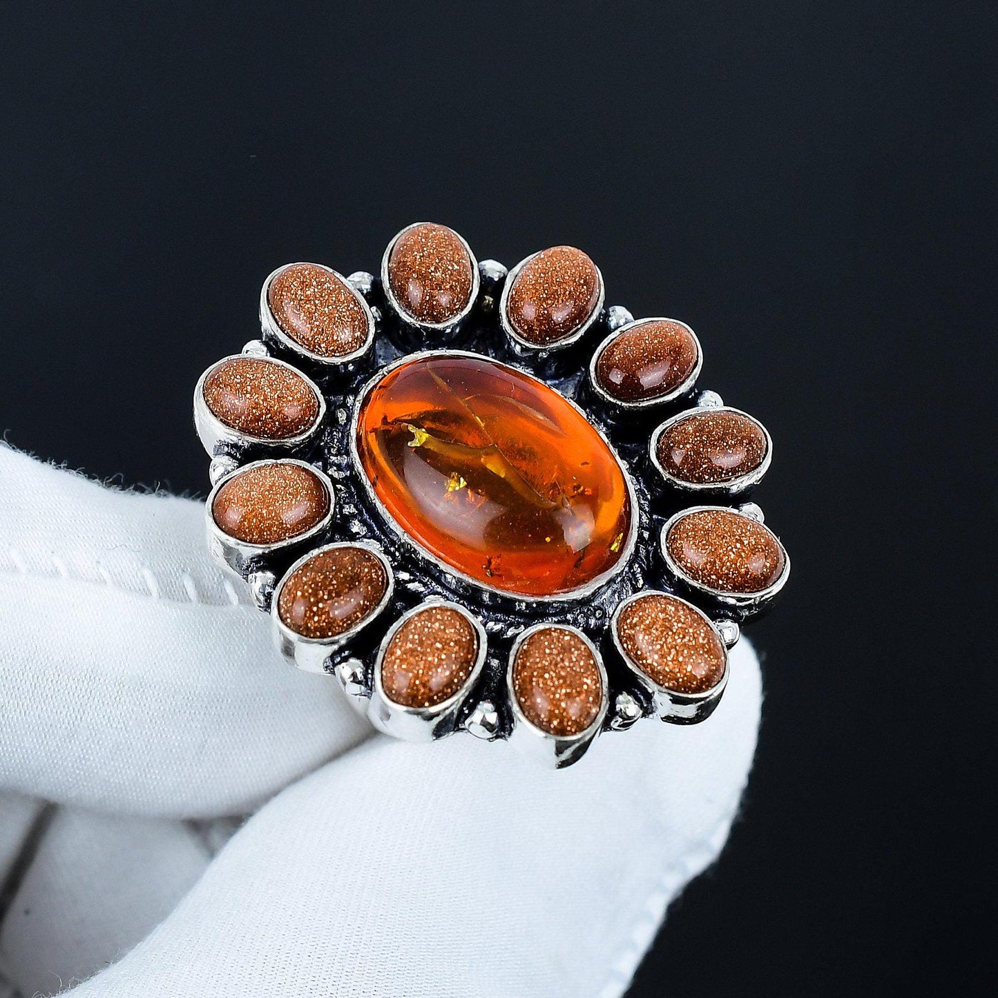 Orange Baltic Amber & Sunstone Sterling Silver Ring