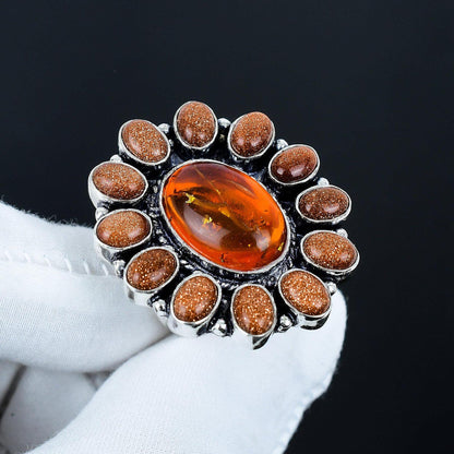 Orange Baltic Amber & Sunstone Sterling Silver Ring