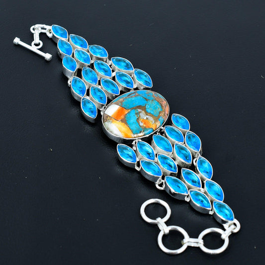Orange Spiny Oyster & Blue Topaz Gemstone Bracelet