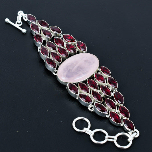 Pink Rose Quartz & Red Garnet Gemstone Bracelet