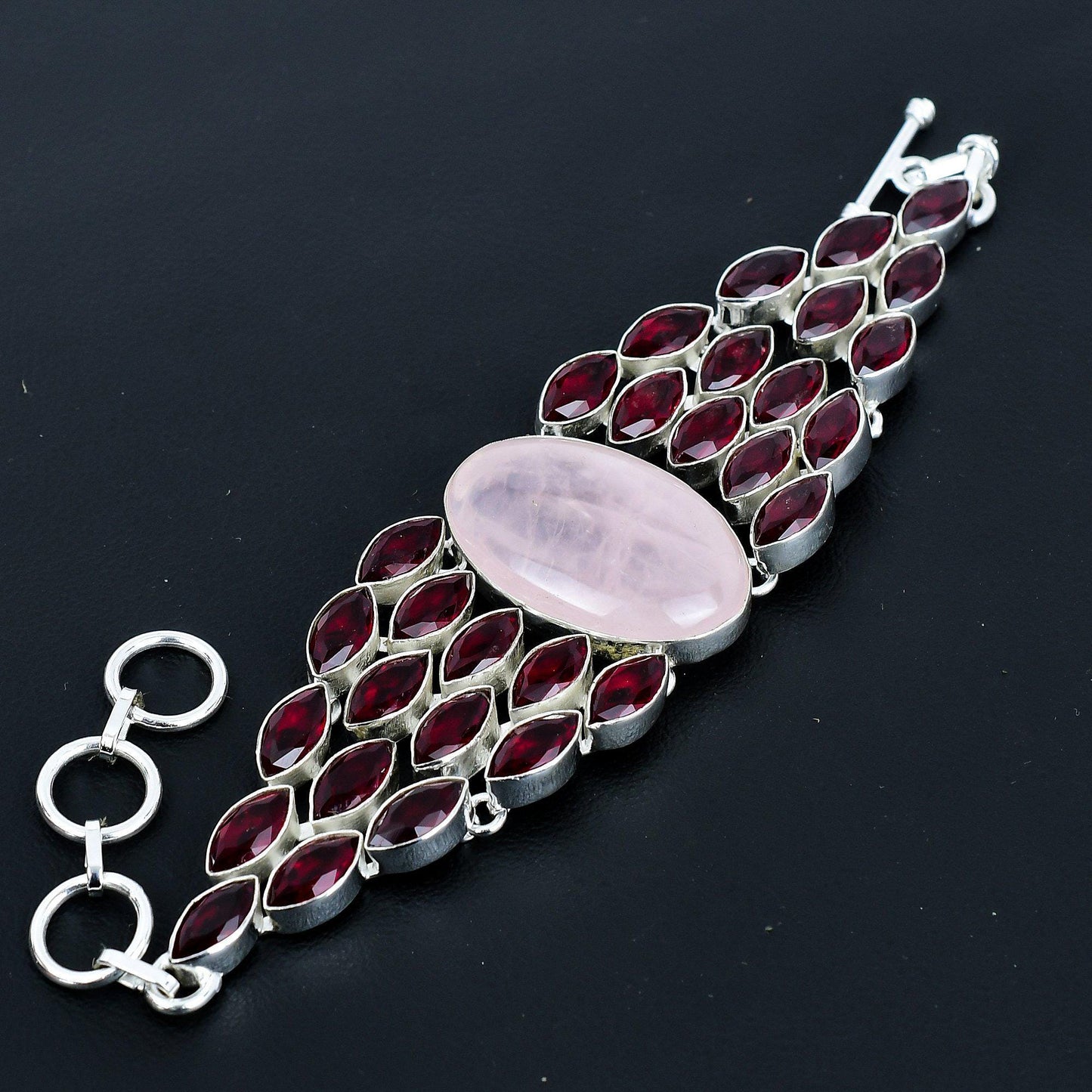 Pink Rose Quartz & Red Garnet Gemstone Bracelet