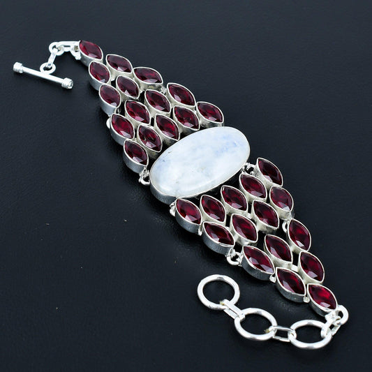 Red Garnet & Rainbow Moonstone Gemstone Bracelet
