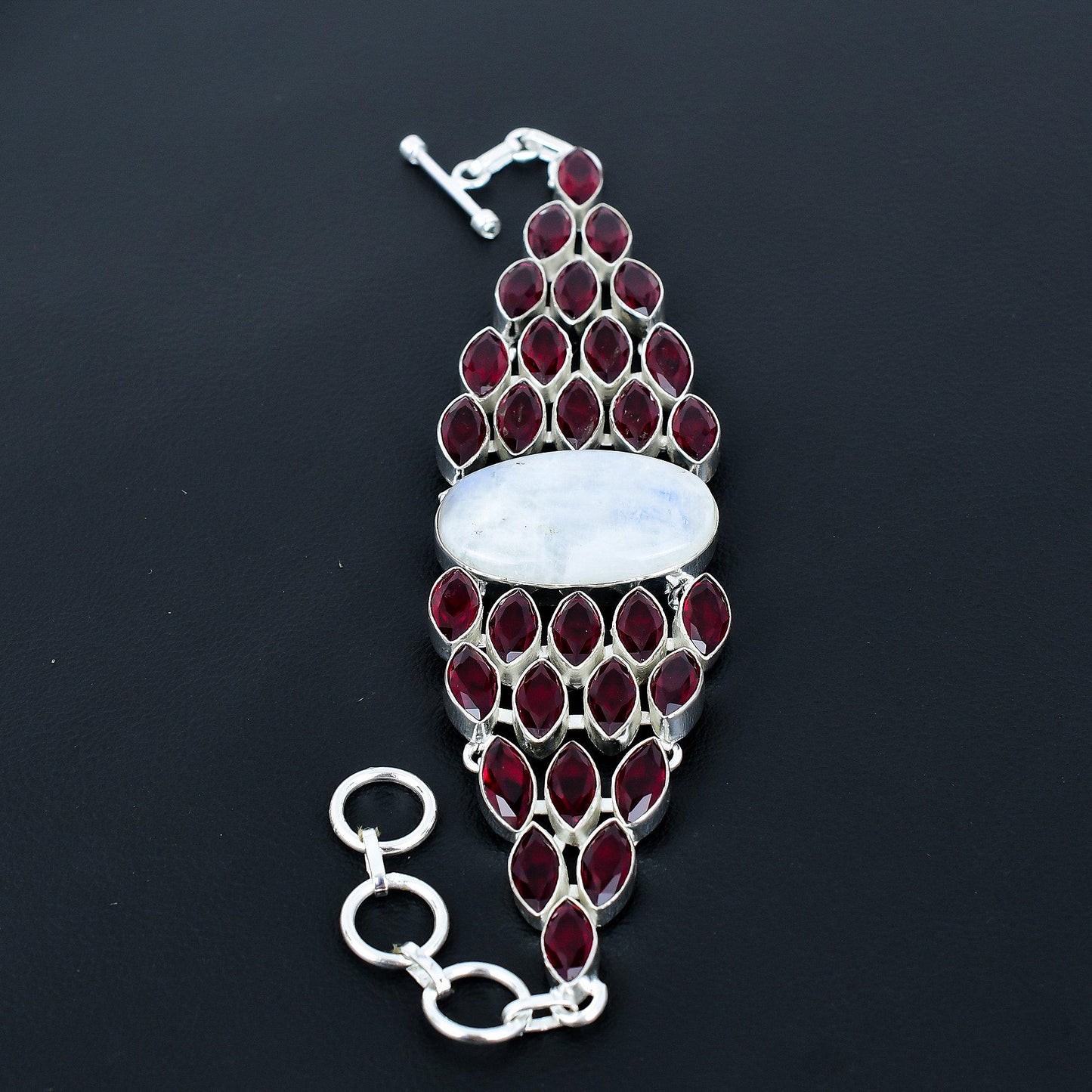 Red Garnet & Rainbow Moonstone Gemstone Bracelet