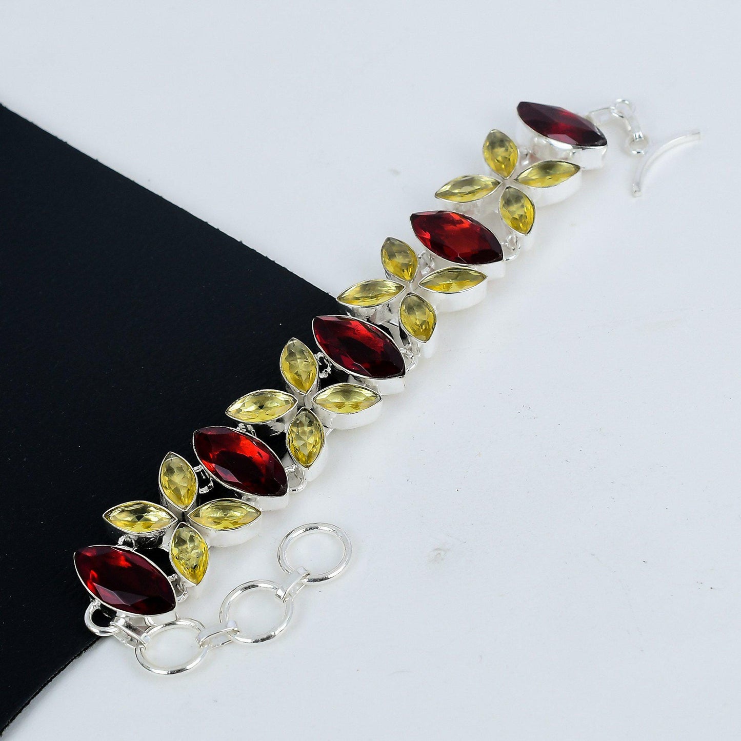 Red Garnet & Citrine Gemstone Silver Bracelet