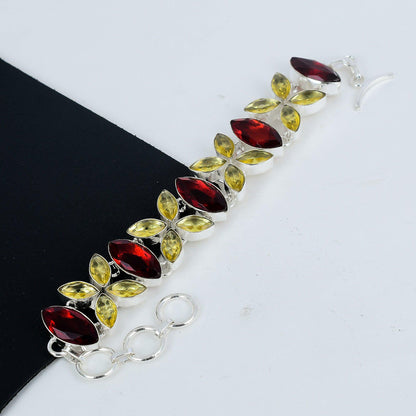 Red Garnet & Citrine Gemstone Silver Bracelet