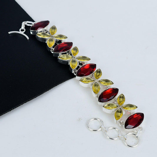Red Garnet & Citrine Gemstone Silver Bracelet