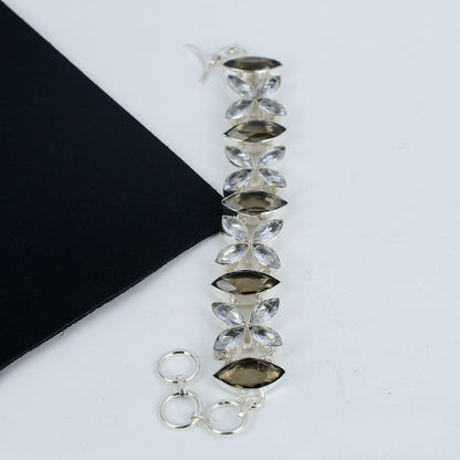 Smoky Brown & White Topaz Gemstone Sterling Silver Bracelet