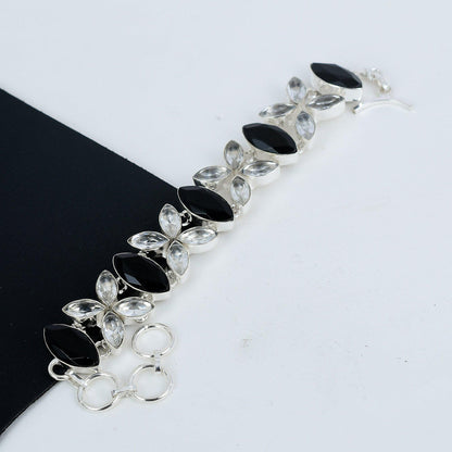 Black Spinel and White Topaz Gemstone Sterling Silver Bracelet