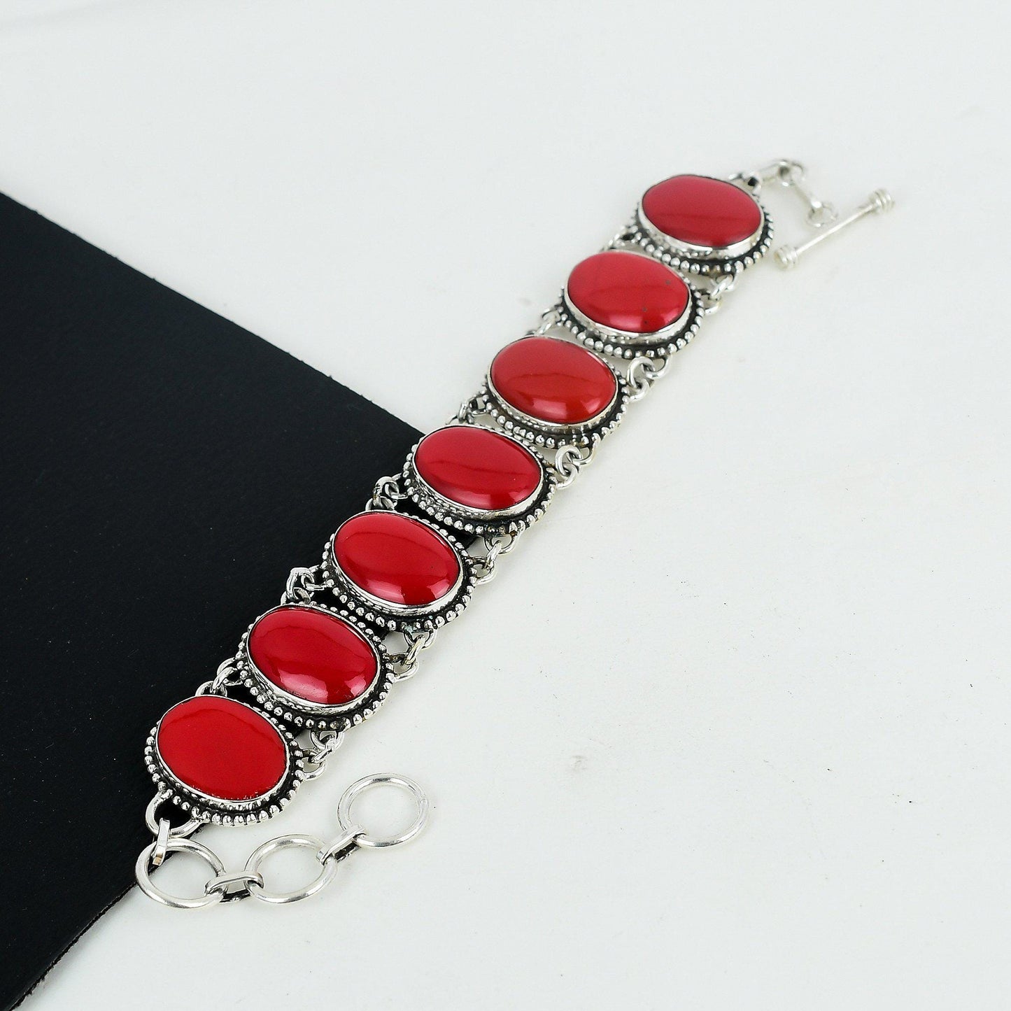Red Coral Gemstone Sterling Silver Bracelet