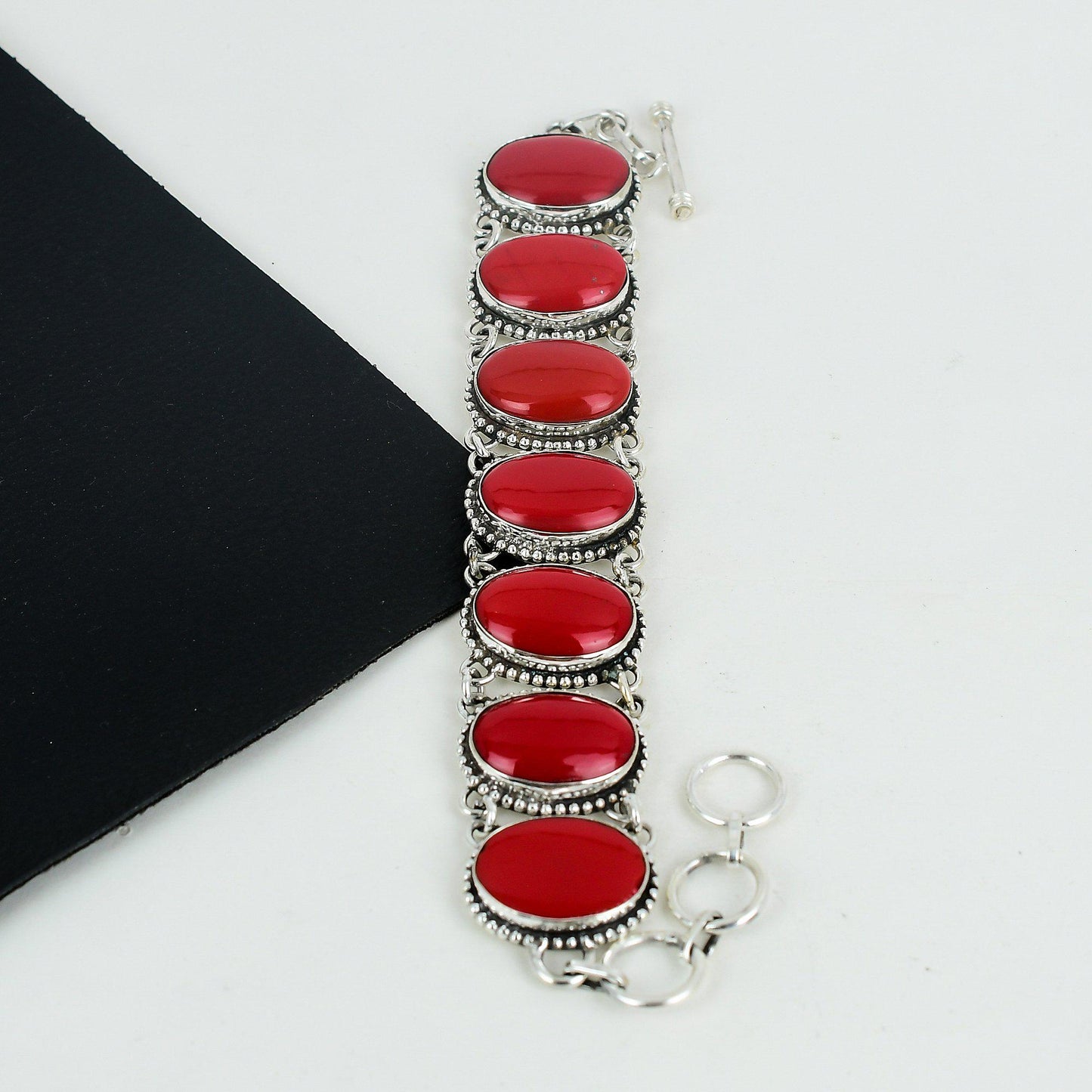 Red Coral Gemstone Sterling Silver Bracelet