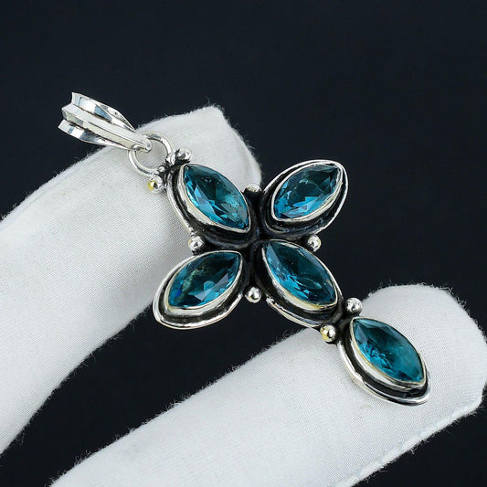 Blue Topaz Gemstone Cross Pendant