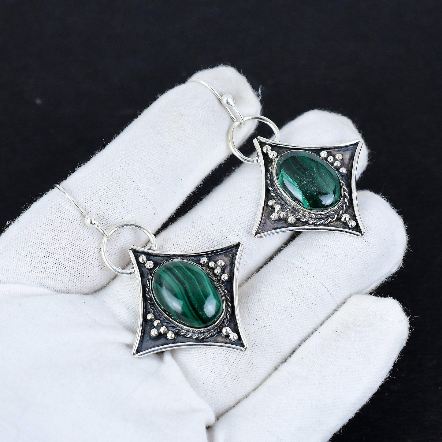 Green Malachite Gemstone Dangle Earrings
